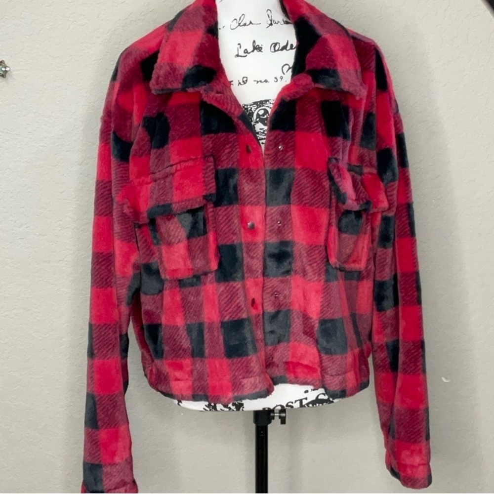 302 - Cato NWOT Red and Black Teddy Jacket with Buffalo Plaid, Size XL